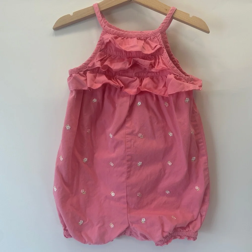 VTG Gymboree 18-24 MOS Romper Pink Embroidered Flower Ruffle Tank One Piece 2002